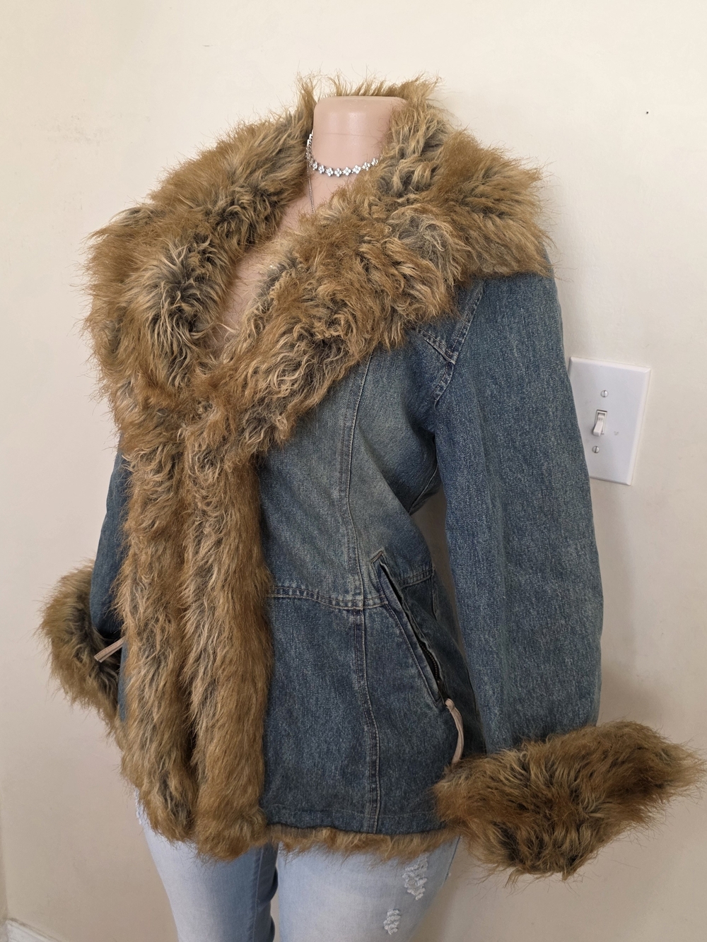 Mixit Denim Jacket with Brown Fur Trim - Picture 2 of 4